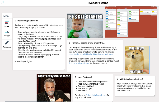 5 бесплатных альтернатив цифровой доске для Google и Microsoft' /></p>
<p>Когда доска стала цифровой, естественно, имеет смысл добавить к ней другие цифровые элементы. Почему вы не можете добавить фотографию на доску? Ryeboard это приложение для использования, если вы хотите прикрепить изображения.</p>
<p><strong>Ryeboard предоставляет три типа элементов для доски:</strong> примечание, изображение или рисунок. Перетащите элемент на холст и добавьте текст, фотографии или начните рисование от руки. Вы можете изменить размер заметки или изображения и заблокировать их на экране, когда закончите. Для изображений вам нужно будет загрузить их с жесткого диска, так как Ryeboard не позволяет напрямую получать ссылки.</p>
<p>Как и другие, вы можете поделиться своей доской с помощью простой ссылки. Вам нужно зарегистрироваться, чтобы использовать Ryeboard, но это небольшой сайт, поэтому подумайте дважды, прежде чем использовать социальный вход</p>
<p>,</p>
<h2>Draw.Chat (Web): несколько досок с видео, аудио и текстовым чатом</h2>
<p><noscript><img decoding=