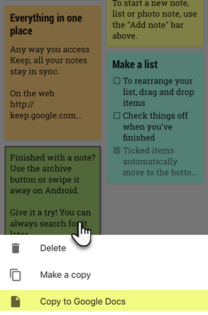 Как поделиться заметками Google Keep с другими приложениями на своем телефоне Копировать в Документы Google