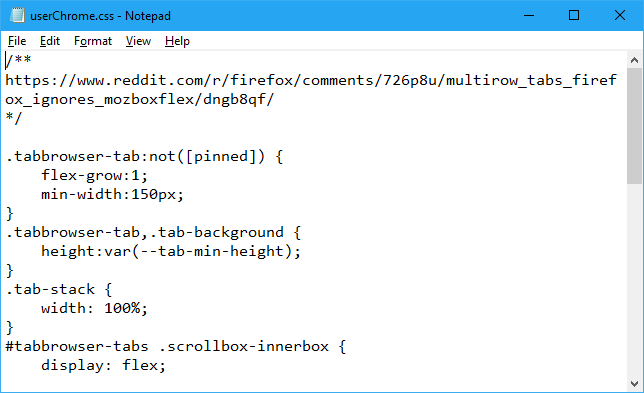 15 советов опытных пользователей для вкладок Firefox 63 Код CSS, вставленный в файл пользовательского хрома