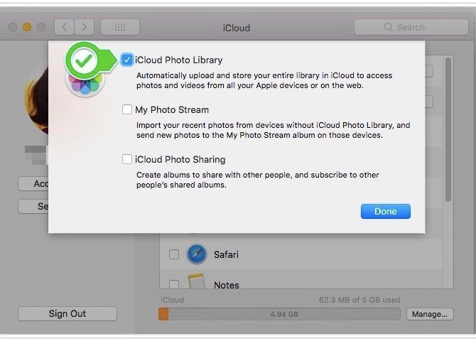 Библиотека фотографий Mac - включить синхронизацию icloud