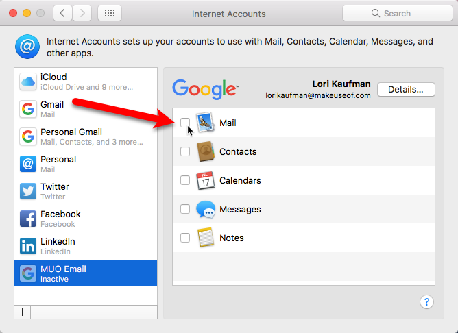 снимите флажок, чтобы сделать учетную запись электронной почты неактивной Mac