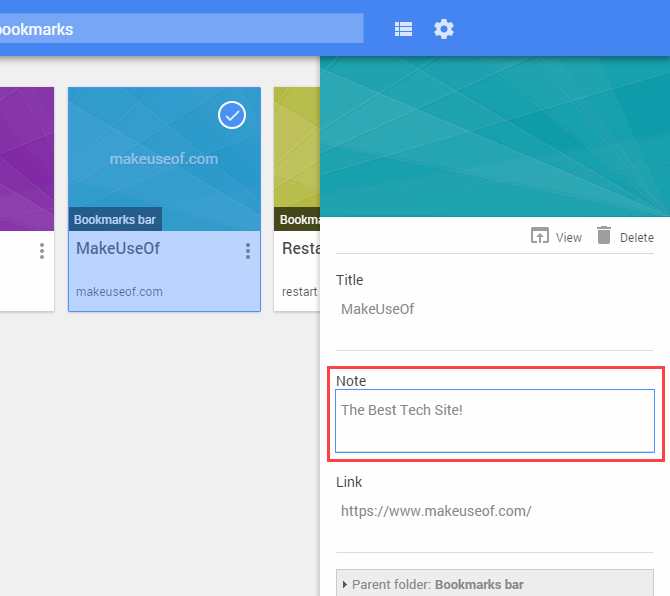 Добавление заметки в закладку с помощью диспетчера закладок в Chrome