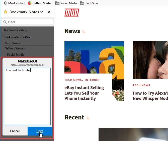 Добавьте заметку к закладке в дополнении Bookmark Notes в Firefox
