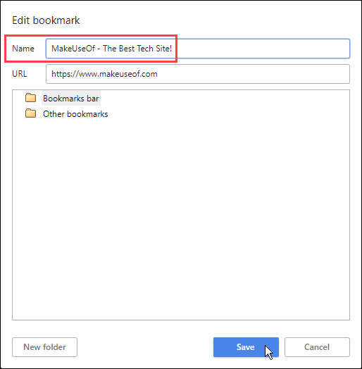 Диалоговое окно «Изменить закладку» в Chrome