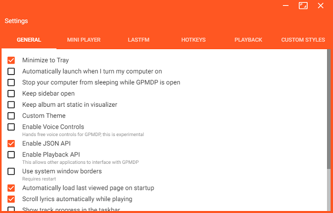 Google Play Music Desktop Окно настроек рабочего стола