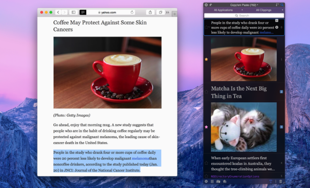 копия' /></p>
<p>Лично, Copy&rsquo;Em Paste — мой любимый менеджер буфера обмена Mac. Он предлагает в значительной степени все функции, упомянутые в других местах в этой статье, хотя и является крайне ненавязчивым.</p>
<p>Вы получаете доступ к библиотеке буфера обмена Copy&rsquo;Em Paste через строку меню. Эта библиотека может отслеживать практически все, что вы копируете — простой текст, форматированный текст, изображения, фрагменты кода и даже файлы.</p>
<p>Вы можете отсортировать их по своему усмотрению, а затем перетащить их туда, где вам нужны элементы, или скопировать элемент, щелкнув по нему. Если вы копируете много элементов, они могут быть отсортированы в списки, которые затем можно найти для быстрого доступа.</p>
<p>Мои любимые функции, однако, — это возможность делать и сохранять скриншоты непосредственно в менеджере буфера обмена, а также быстро приостанавливать Copy&rsquo;Em Paste, для тех случаев, когда вы просто хотите использовать встроенный буфер обмена Mac.</p>
<h2>Вставить ($ 9,99)</h2>
<p><noscript><img decoding=