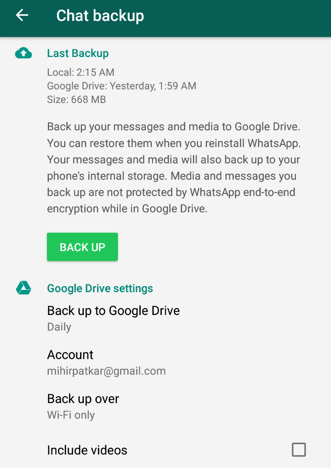 Резервное копирование в чате WhatsApp
