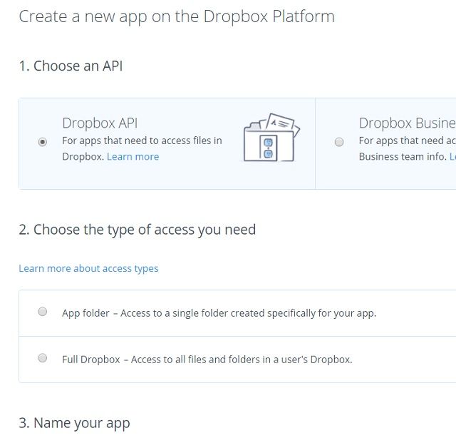 Страница выбора API Dropbox Platform