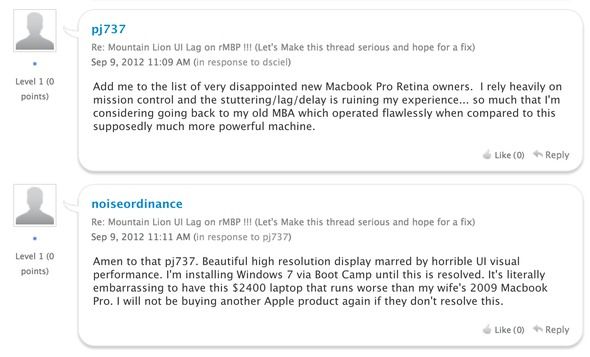 OS X Mountain Lion далек от совершенства и здесь' /></p>
<p>В отличие от гладкой шелковистой анимации, замеченной в Lion, процесс иногда замедлялся до однокадровых кадров. Заметные рывки, возможно, максимум 5 кадров анимации, происходят, когда Mission Control некоторое время не использовался. Вход и выход из Mission Control после того, как анимация &laquo;кэширована&raquo;, так сказать, и все возвращается в нормальное состояние — до тех пор, пока вы не получите к нему доступ через полчаса.</p>
<p>Панель запуска также была особенно резкой, с серьезным замедлением, происходящим при начальном постепенном появлении и перемещении между страницами приложений.</p>
<h2>Не будь толчком</h2>
<p>Теперь, возможно, некоторые из вас думают: &laquo;Ну и что, разберитесь с этим — это просто отрывистая анимация&raquo;, и в какой-то мере я согласен, но тот факт, что эта проблема появилась между версиями, заставил меня задуматься, почему Apple не заметила это в первое место. Итак, я обратился к сообществам поддержки Apple за дополнительными обновлениями по этой проблеме и нашел эту ветку.</p>
<p>Оказывается, есть много владельцев Retina MacBook Pro, сталкивающихся с этой проблемой, несмотря на то, что их машины работают под OS X Lion. Твики как отключение новой 3D-док</p>
<p>сделать немного, чтобы помочь ситуации.</p>
<p><noscript><img decoding=