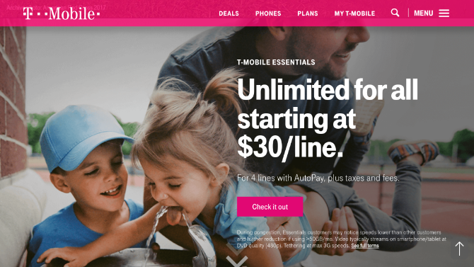 Скриншот домашней страницы T-Mobile в сентябре 2018 года