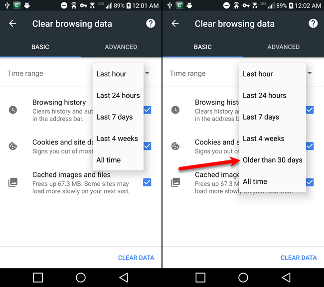 Добавлена ​​опция для очистки данных просмотра старше 30 дней в Chrome на Android