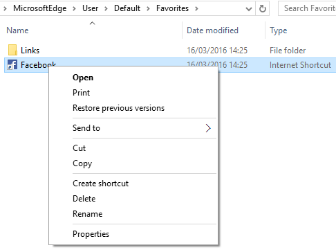 Свойства закладок Windows 10 Edge