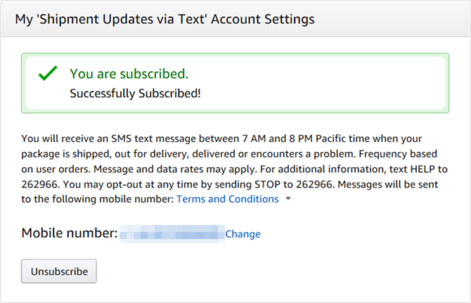 20 удивительных, но скрытых возможностей Amazon, которые вы можете' /></p>
<p>Amazon предлагает бесплатное отслеживание всех заказов, что является фантастическим. Но если вы живете в такой квартире, как я, вы устали входить в систему и обновлять статус каждые несколько часов, чтобы проверить, доставлены ли ваши посылки.</p>
<p>Или вы живете в тенистом районе, и вам необходимо знать, когда доставляются посылки, чтобы вы могли уведомить своего друга, чтобы он забрал его для безопасного хранения, пока вы на работе.</p>
<p>Просто перейдите на страницу Настройки обновления отправления и добавьте столько телефонных номеров, сколько хотите. Всякий раз, когда Amazon обнаруживает изменение в статусе пакета, обновления отправляются с помощью текстового сообщения (но только между 4:00 и 17:00 EST). Скорость передачи сообщений и данных может применяться.</p><script data-noptimize=