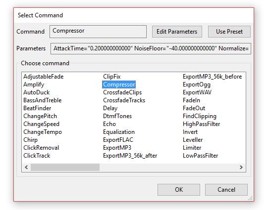 Audacity упрощает список цепочек процессов