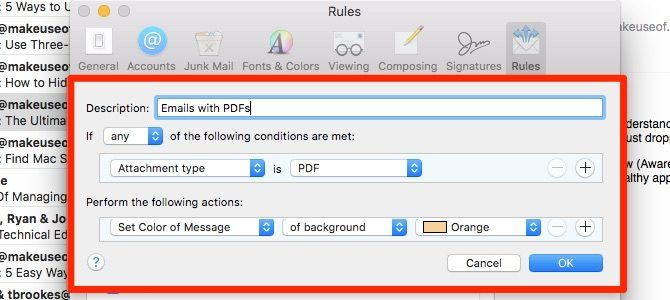 сохранить электронную почту с PDF-файлов - Apple Mail Правила