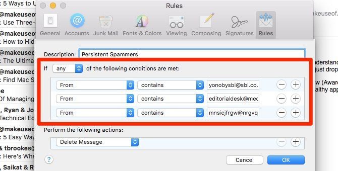 блокировать спамеров - правила Apple Mail