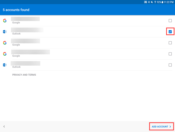 Выберите учетную запись в Outlook для Android