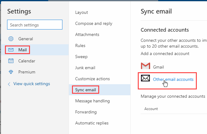 Нажмите Другие учетные записи электронной почты в настройках Outlook.com.