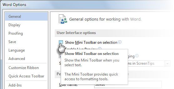 Отключить мини-панель инструментов