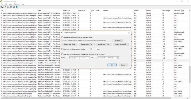 Посмотреть Chrome' /></p>
<p>Вот некоторые ключевые особенности:</p>
<ul>
<li>Данные отображаются в поле &laquo;URL-адрес&raquo;, &laquo;Заголовок&raquo;, &laquo;Дата / время посещения&raquo;, количество посещений, количество набранных адресов (количество набранных), &laquo;Referrer&raquo; и &laquo;ID посещения&raquo;.</li>
<li>Выберите любое количество строк или весь набор данных и экспортируйте его в виде текстового файла, файла CSV, текстового файла с разделителями табуляции, файла XML или файла HTML.</li>
<li>Вы также можете скопировать и вставить табличную информацию в Excel и использовать ее через мощные фильтры.</li>
<li> <strong>Расширенные настройки</strong> (F9) позволяет вам выбрать другой профиль пользователя Chrome или историю просмотров для браузеров на основе Chrome, таких как Vivaldi, Opera и Yandex.</li>
<li>Фильтруйте URL-адреса по любому диапазону даты или времени.</li>
<li>Поддерживает команды командной строки.</li>
</ul>
<p>ChromeHistoryView — это полноценная утилита, которая не только помогает создавать резервные копии ваших данных браузера Chrome, но и углубляется в них для более детального просмотра.</p>
<div style=