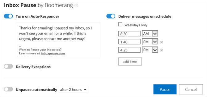 Boomerang Outlook надстройка для паузы входящих