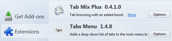 Вкладка дополнений Firefox Mix Plus