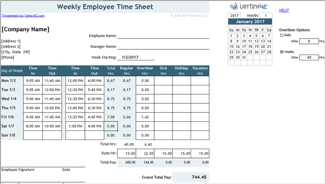 табель учета рабочего времени часов еженедельно раз в две недели с перерывами Excel