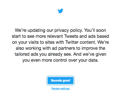 щебет' /></p>
<p>Читайте дальше, чтобы понять, что это за изменения, а затем вы можете нажать <strong>Просмотр настроек</strong> внести необходимые изменения.</p>
<p>Если вы уже отклонили сообщение, вы можете снова получить доступ к этим настройкам, перейдя в <strong>настройки</strong> > <strong>Конфиденциальность и безопасность</strong>. Прокрутите вниз до пункта Персонализация и Данные и нажмите <strong>редактировать</strong>. Это приведет вас к <strong>Персонализация и данные</strong> стр.</p>
<h2>Новые настройки персонализации и обмена данными</h2>
<p>Иду к вашему <strong>Настройки персонализации и данных </strong>позволяет увидеть (и настроить), как Twitter собирает и передает ваши данные. Вы можете выборочно включать или отключать эти параметры персонализации:</p>
<ul>
<li><strong>Персонализированная реклама</strong> — Если включено, вы увидите рекламу на основе интересов на <strong>и из твиттера</strong>.</li>
<li><strong>Персонализация на основе приложений</strong> — Персонализированная реклама и контент на основе списка приложений, установленных на ваших мобильных устройствах. (Twitter не может просматривать данные внутри приложений.)</li>
<li><strong>Персонализация на разных устройствах</strong> — Если этот параметр включен, Twitter может показывать рекламу, контент и пользователей, которые будут следить в мобильном приложении, на основе сайтов, которые вы посетили на своем ноутбуке, и наоборот. Твиттер приводит пример:
<ul>
<li>&laquo;Если вы посещаете веб-сайты со спортивным контентом на своем ноутбуке, вы можете использовать этот параметр, чтобы контролировать, будем ли мы показывать вам рекламу, связанную со спортом, в Twitter для Android или iOS&raquo;.</li>
</ul>
</li>
<li><strong>Персонализация, основанная на местах, где вы были</strong> — Персонализированные объявления и контент на основе вашего текущего или предыдущего местоположения.</li>
</ul>
<div style=