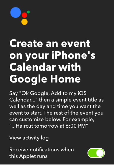 Добавление событий в календарь iOS с помощью голосовых команд Google IFTTTGoogleHome