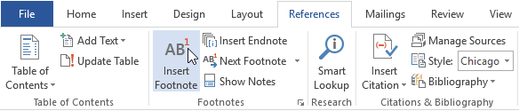 Сноски в панели инструментов Microsoft Word 2016