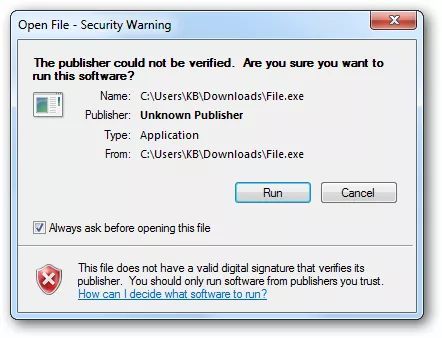 Диалог предупреждения об открытии файла Windows