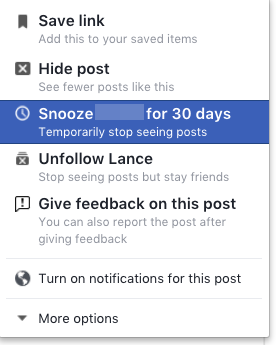 Как остановить Facebook друзей или страницы от принятия вашего канала FB Snooze 1