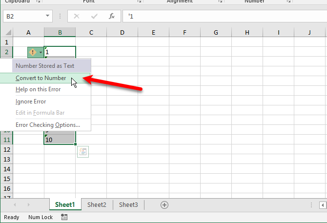 текстовые функции Excel - выберите Преобразовать в число в столбце