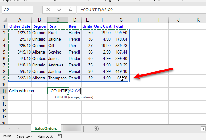 текстовые функции Excel - выбор диапазона для функции COUNTIF