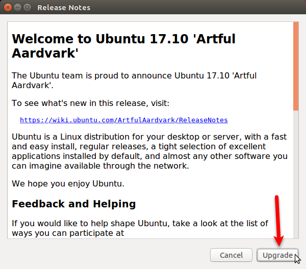 Диалоговое окно «Примечания к выпуску» для обновления до Ubuntu 17.10