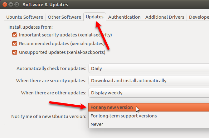 Измените настройку, чтобы получать уведомления о любой новой версии Ubuntu