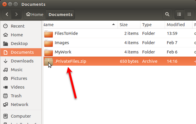 Скрытый ZIP-файл показан в Nautilus в Ubuntu