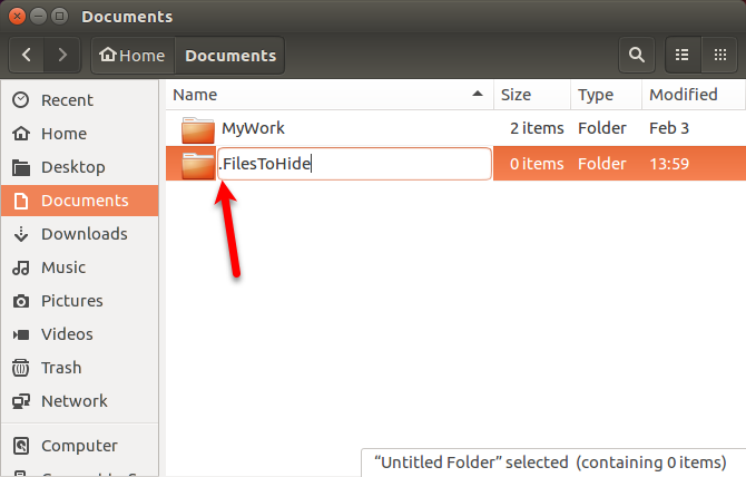 Переименуйте скрытую папку в Nautilus в Ubuntu