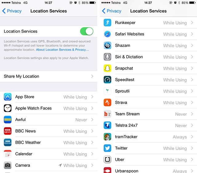 Это' /></p>
<p>Голова к <strong>Настройки> Конфиденциальность> Услуги определения местоположения </strong>для полного списка приложений, которые запросили ваше местоположение и привилегии, которые вы им предоставили. Если у вас до сих пор отключен GPS, весь список будет запрещен, поэтому вам придется делать исключения.</p>
<p>Это меню также использует несколько символов для обозначения активности GPS посредством указателя.</p><script data-noptimize=