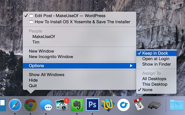 Все, что вам нужно знать о вашем Mac' /></p>
<p>Если приложение, которое вы хотите закрепить, уже открыто, есть более простой способ. Просто щелкните двумя пальцами (или щелкните правой кнопкой мыши, или удерживая нажатой клавишу Control +) в приложении и проверьте <strong>Функции> Сохранить в доке</strong>.</p>
<p>Файлы и папки также можно прикрепить к док-станции, но они находятся справа (или внизу) рядом с корзиной. Вы можете щелкнуть и перетащить папку в Finder, или щелкнуть и перетащить значок окна Finder, чтобы захватить текущий открытый каталог и поместить его в док-станцию.</p>
<h2>Удалить  Изменить порядок предметов</h2>
<p>Apple требует, чтобы в доке оставалось только два предмета — Finder и Trash. Чтобы удалить элементы из дока, щелкните и перетащите значок от дока, пока не появится &laquo;Удалить&raquo;. Приложения также могут быть удалены, сняв отметку <strong>Функции> Сохранить в доке</strong>.</p>
<p><noscript><img decoding=