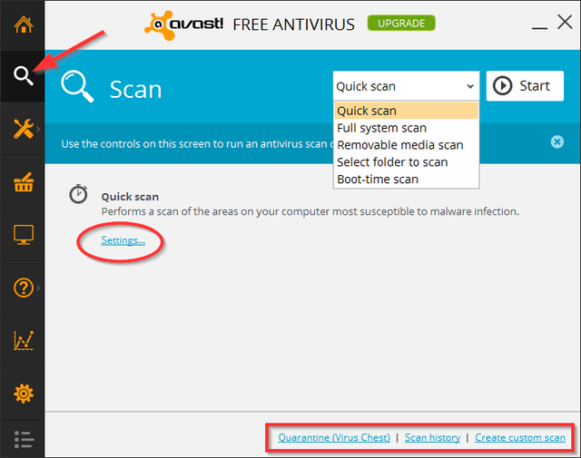 Avast - Параметры сканирования
