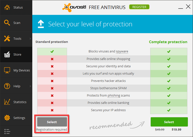 Avast - Регистрация - Выберите стандарт