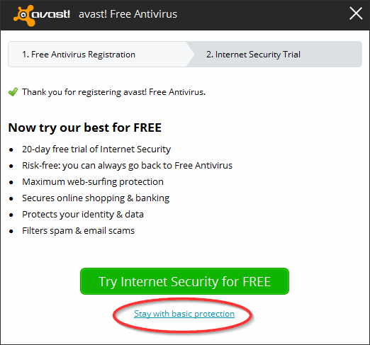 Avast - Регистрация - остаться с основными