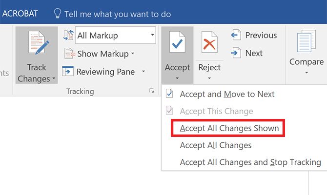 Как отфильтровать и применить отслеженные изменения в Microsoft Word Принять все показанные изменения