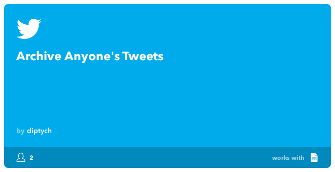 Рецепт IFTTT: Архив любого' /></p>
<p>Если вы предпочитаете, вы также можете использовать IFTTT для архивации своих твитов в Evernote вместо электронной таблицы Google.</p>
<p>С помощью IFTTT вы также можете создать архив всех отправленных вами твитов, используя определенный хэштег, твиты, отправленные из определенного местоположения, или даже твиты от любого отправителя из определенного местоположения.</p>
<p><strong>Вы архивировали свои твиты? Дайте нам знать, как вы это сделали в комментариях.</strong></p>
<p><div class=