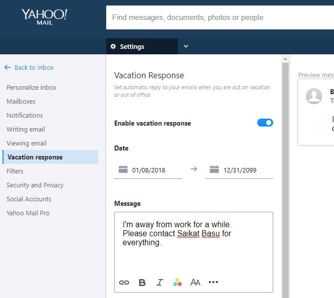 Как настроить ответы об отсутствии на работе в Yahoo Mail