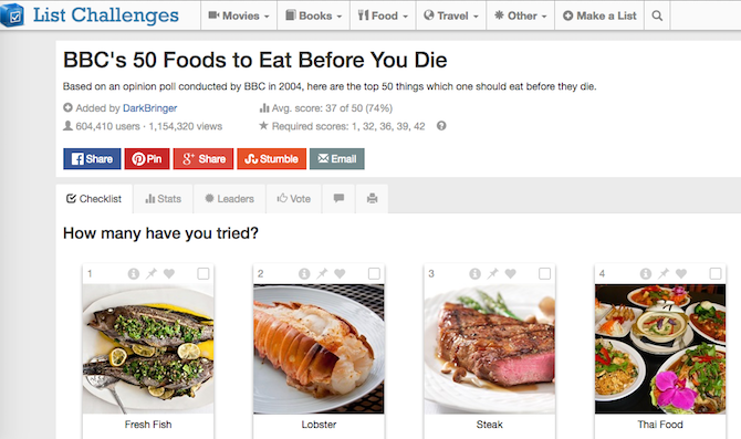 " /></p>
<p>Приятным моментом является то, что List Challenges является одним из тех отличных сайтов без регистрации для повседневного использования.</p>
<p>, Таким образом, вы можете начать составлять список за считанные секунды, добавлять элементы, описание, некоторые изображения и публиковать его. Тогда просто поделитесь ссылкой на список с друзьями.</p>
<p>Список вызовов ограничивается фильмами, книгами, путешествиями и едой как четырьмя большими категориями. Вы можете составить список из чего-либо еще и зарегистрировать его в разделе &laquo;Другое&raquo;, но если вы просматриваете списки других пользователей, эти четыре категории — ваш лучший выбор.</p>
<h2>5. Vulture’s Best Of 2016 (Интернет): основной список списков на конец года</h2>
<p>Многое произошло в 2016 году, и возможно, вы пропустили некоторые из них. Большинство учреждений и писателей составляют списки на конец года, вспоминая лучшие результаты прошлого года. Журнал &laquo;Стервятник&raquo; собрал самые престижные из них, чтобы создать основной список списков на конец года.</p>
<p><noscript><img decoding="async" src="/wp-content/uploads/2012/2/luchshie-vyzovy-spiska-5-sajtov-dlja-otmetki-ili_4_1.jpg" alt=