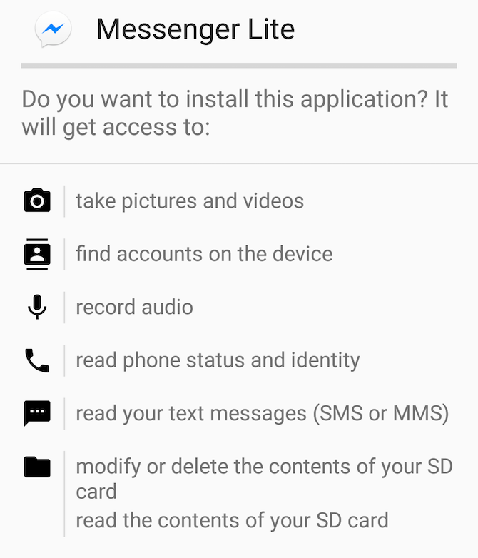 Разрешения Facebook Messenger Lite