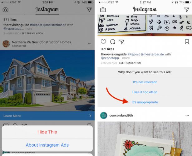 Хотите меньше рекламы в своей ленте Instagram? Вот' /></p>
<p>Instagram спросит вас, почему вы решили скрыть рекламу: она неактуальна, вы видите ее слишком часто или она неуместна. Если вы вообще не хотите показывать рекламу, <strong>вы должны пометить их как неуместные</strong>. Продолжая это делать, вы в конечном итоге создадите ленту Instagram без рекламы.</p>
<p>Поскольку Instagram предлагает пользователям бесплатную услугу, можно утверждать, что несколько объявлений в смеси должны быть выдержаны. Но если ваш канал перегружен рекламой, этот прием должен пригодиться.</p>
<p><strong>Что вы думаете о рекламе в Instagram? Полезно или вторжение? Дайте нам знать об этом в комментариях.</strong></p><script data-noptimize=