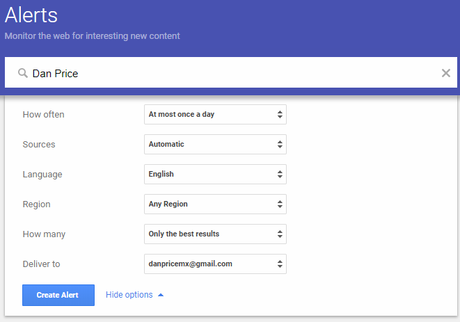 список опций оповещений Google